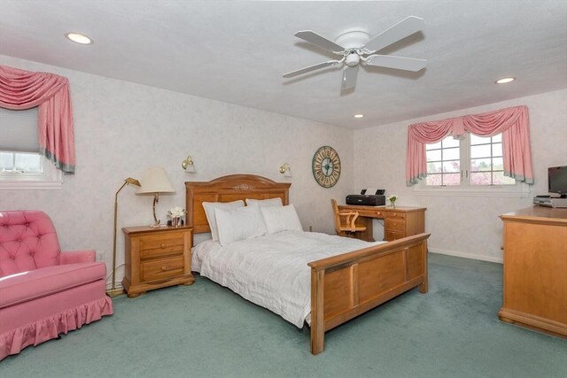 carpeted bedroom with recessed lighting, baseboards, and ceiling fan
