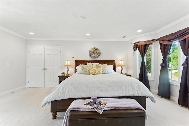 22 Campbell Rd, Middleton, MA 01949 - bedroom with light colored carpet, recessed lighting, ornamental molding, and a closet