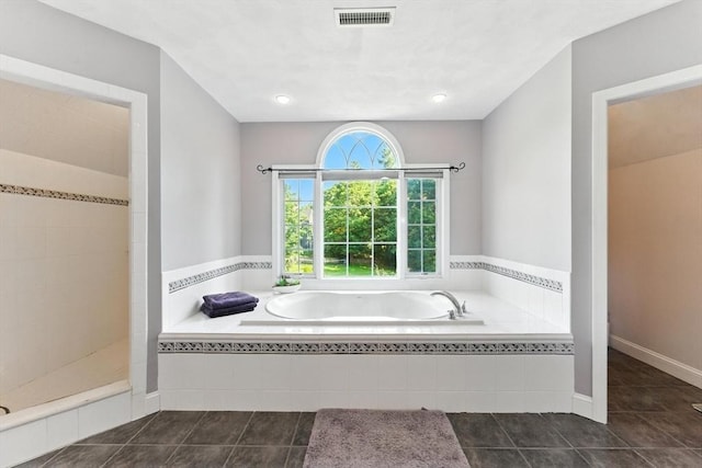 22 Campbell Rd, Middleton, MA 01949 - bathroom with a garden tub, tile patterned floors, and a tile shower