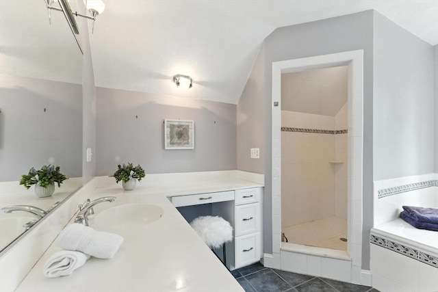22 Campbell Rd, Middleton, MA 01949 - full bath featuring vanity, tile patterned flooring, a stall shower, lofted ceiling, and a tub to relax in