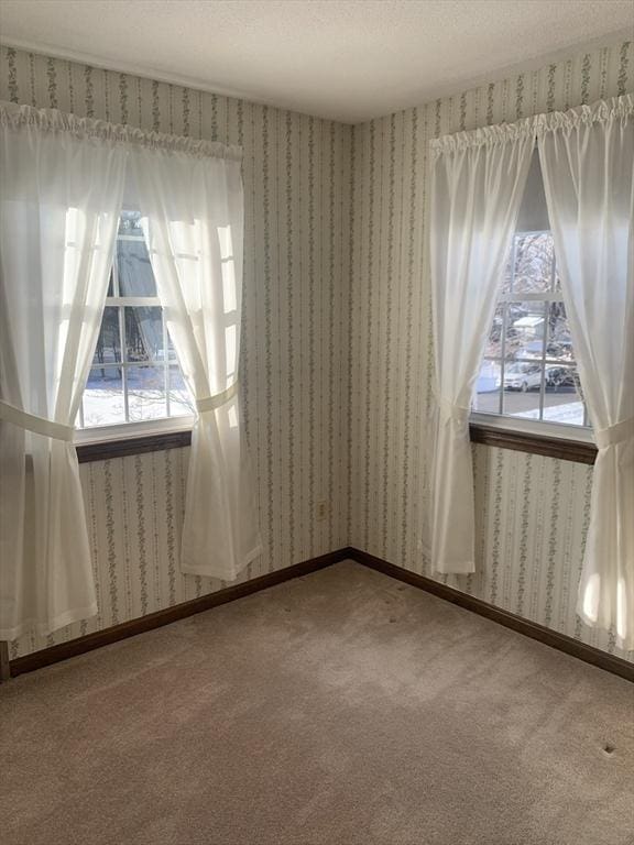 spare room featuring a textured ceiling, carpet floors, baseboards, and wallpapered walls