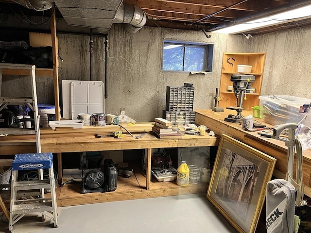 basement with a workshop area