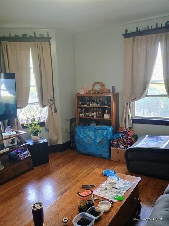 living area featuring a healthy amount of sunlight and hardwood / wood-style flooring