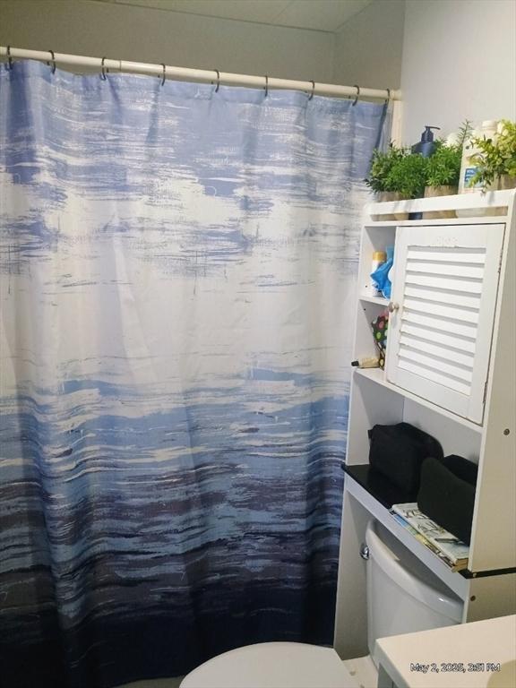 full bath featuring toilet and a shower with shower curtain