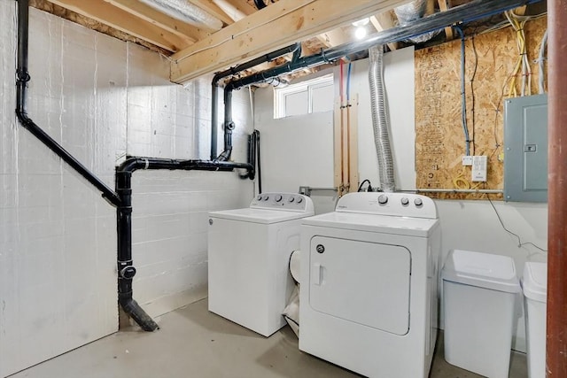 111 Union St Unit 8, Westfield, MA 01085 - laundry area featuring electric panel, washing machine and clothes dryer, and concrete block wall
