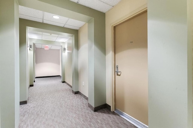 hall featuring a paneled ceiling and light colored carpet