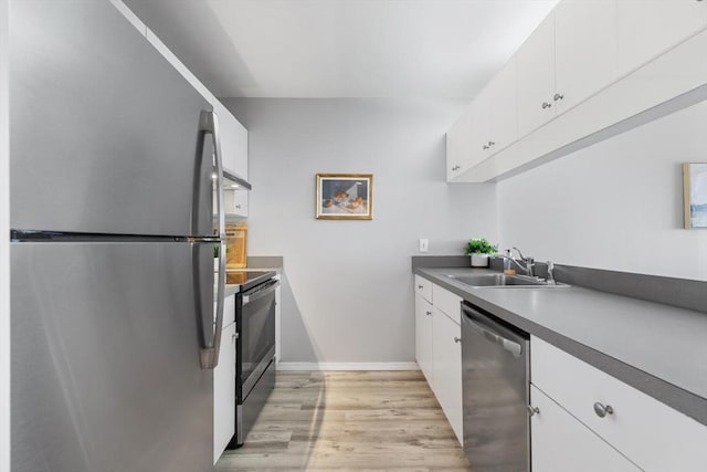 kitchen featuring sink, white cabinetry, light hardwood / wood-style flooring, and stainless steel appliances