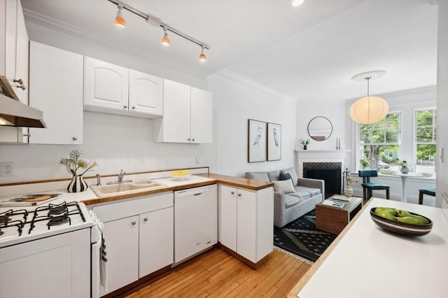 7 Linnaean St Unit 1, Cambridge, MA 02138 - kitchen with white appliances, a sink, white cabinetry, light wood-style flooring, and light countertops