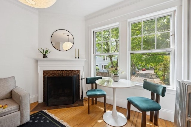 7 Linnaean St Unit 1, Cambridge, MA 02138 - sitting room with ornamental molding, hardwood / wood-style flooring, and a fireplace with flush hearth