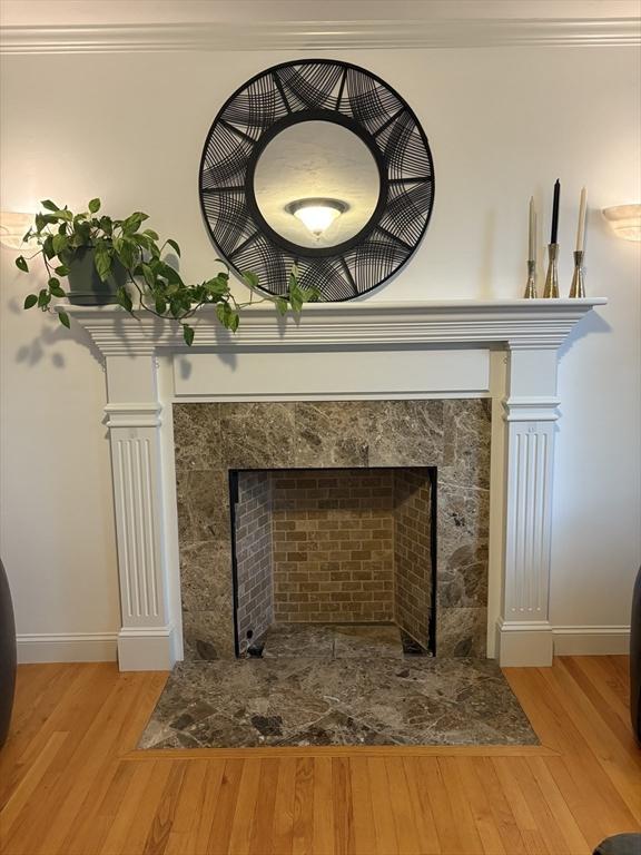 room details with baseboards, wood finished floors, and a fireplace