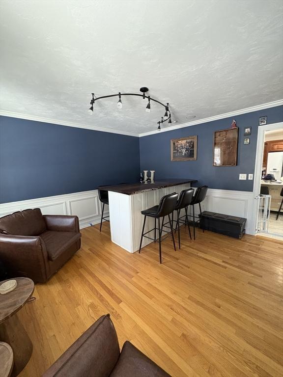 living room featuring track lighting, light wood-type flooring, and wainscoting