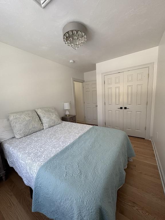 bedroom featuring baseboards, wood finished floors, and a closet