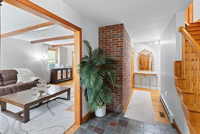 20 Highwood Way, North Andover, MA 01845 - living area featuring baseboards, baseboard heating, stairs, stone finish floors, and beam ceiling