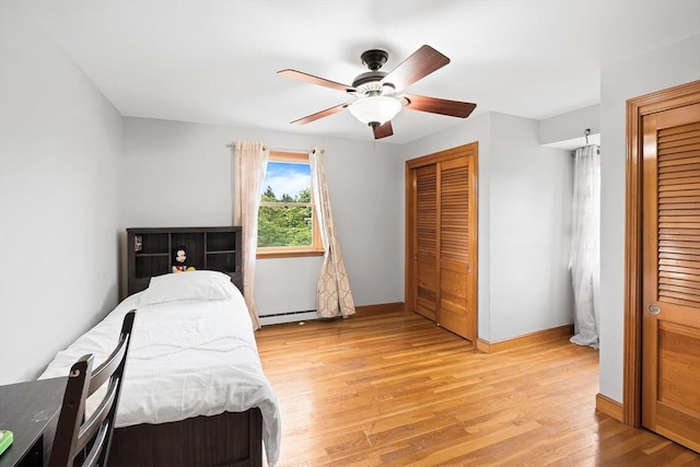 20 Highwood Way, North Andover, MA 01845 - bedroom with baseboard heating, light wood-type flooring, two closets, baseboards, and ceiling fan