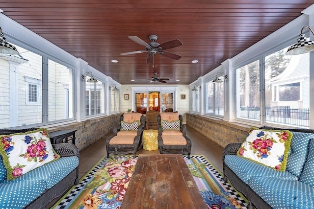 sunroom featuring wooden ceiling