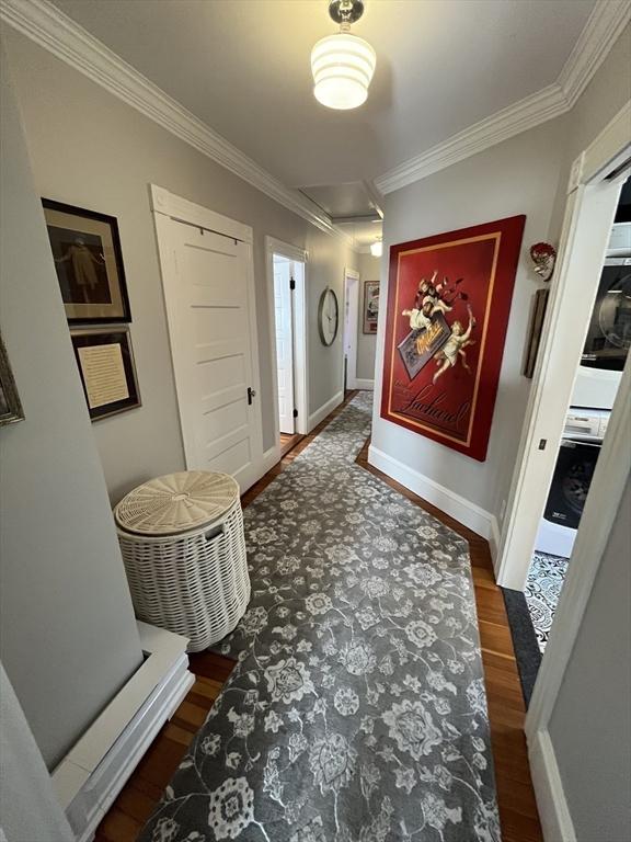 hallway featuring dark wood-type flooring and ornamental molding