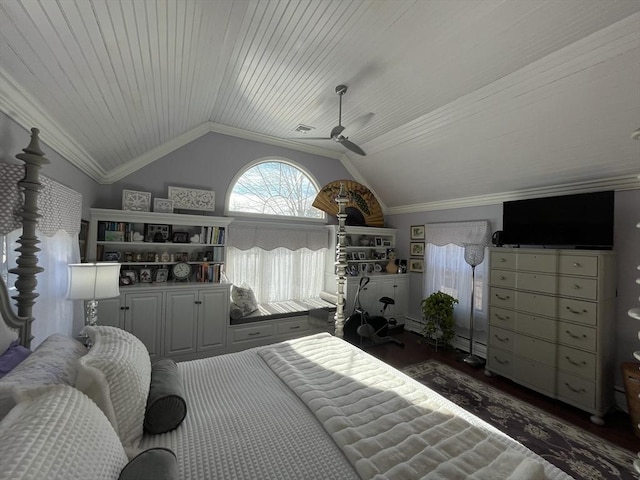 bedroom with vaulted ceiling, dark hardwood / wood-style floors, wood ceiling, ceiling fan, and crown molding