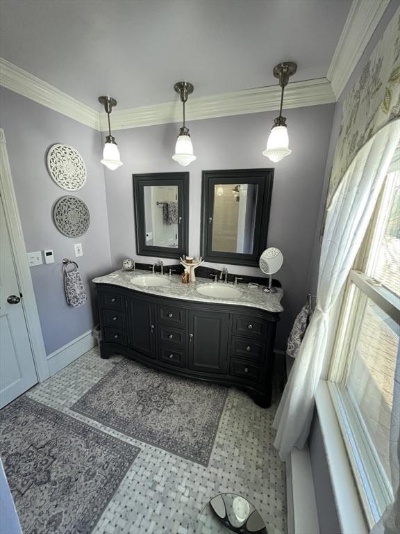 bathroom with vanity and crown molding