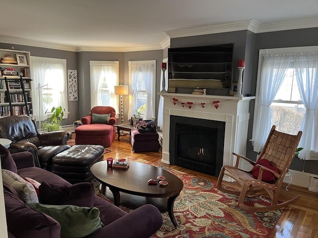 living room with crown molding and a wealth of natural light