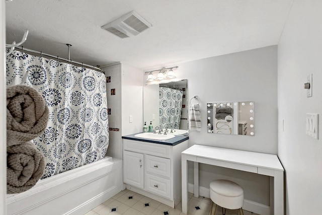 bathroom with vanity and shower / bath combination with curtain