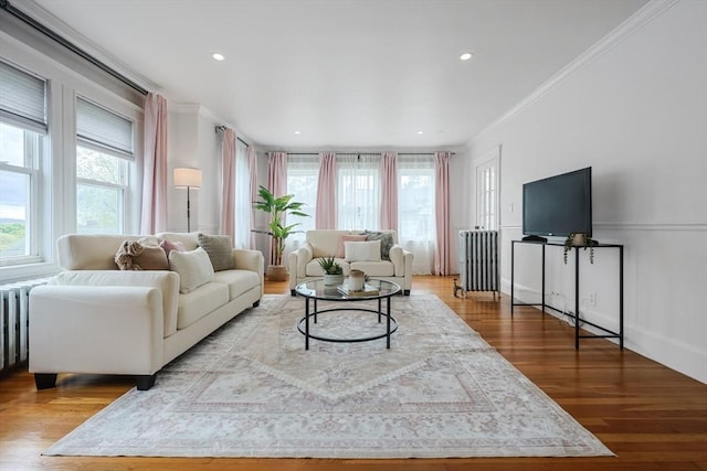 living room featuring ornamental molding, wood finished floors, and recessed lighting