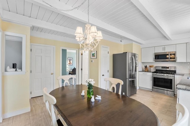 11 White Oak Trl, Barnstable, MA 02632 - dining space featuring beam ceiling, a chandelier, wood ceiling, and baseboards