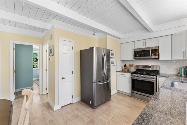 11 White Oak Trl, Barnstable, MA 02632 - kitchen with stainless steel appliances, backsplash, beamed ceiling, wood ceiling, and white cabinetry