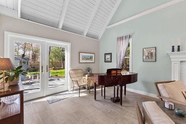 11 White Oak Trl, Barnstable, MA 02632 - sitting room featuring french doors, beam ceiling, an office area, high vaulted ceiling, and baseboards