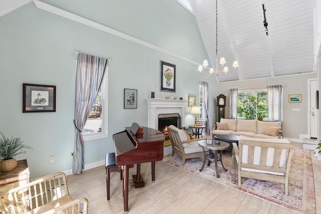 11 White Oak Trl, Barnstable, MA 02632 - living room featuring high vaulted ceiling, a warm lit fireplace, baseboards, a chandelier, and beam ceiling