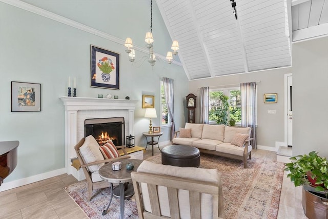 11 White Oak Trl, Barnstable, MA 02632 - living room with high vaulted ceiling, baseboards, a fireplace, a chandelier, and beam ceiling