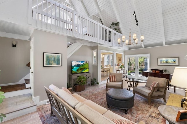 11 White Oak Trl, Barnstable, MA 02632 - living area featuring high vaulted ceiling, french doors, a chandelier, wood ceiling, and beamed ceiling