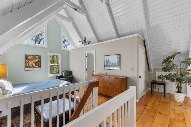 11 White Oak Trl, Barnstable, MA 02632 - bedroom featuring light wood-type flooring, beam ceiling, wooden ceiling, and high vaulted ceiling