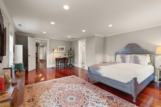 bedroom with baseboards, ornamental molding, dark wood finished floors, and recessed lighting