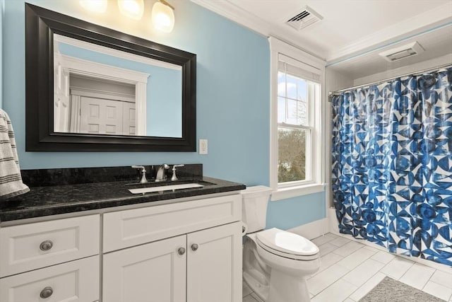 full bathroom featuring toilet, ornamental molding, vanity, and visible vents