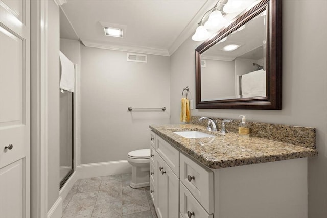 bathroom with a stall shower, baseboards, toilet, ornamental molding, and vanity