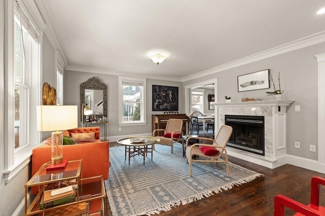 living area with a fireplace, baseboards, and crown molding