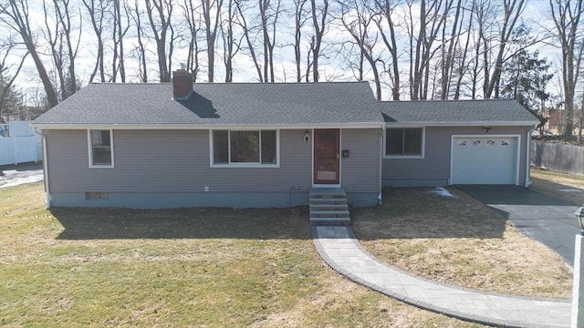 single story home featuring driveway, a front lawn, entry steps, a garage, and a chimney