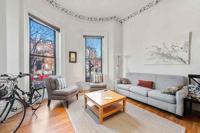 living room with hardwood / wood-style floors and crown molding