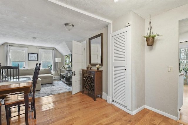 interior space with lofted ceiling, light hardwood / wood-style flooring, and a textured ceiling