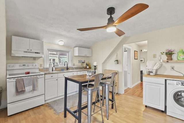 kitchen with white range with electric cooktop, washer / clothes dryer, sink, and white cabinets