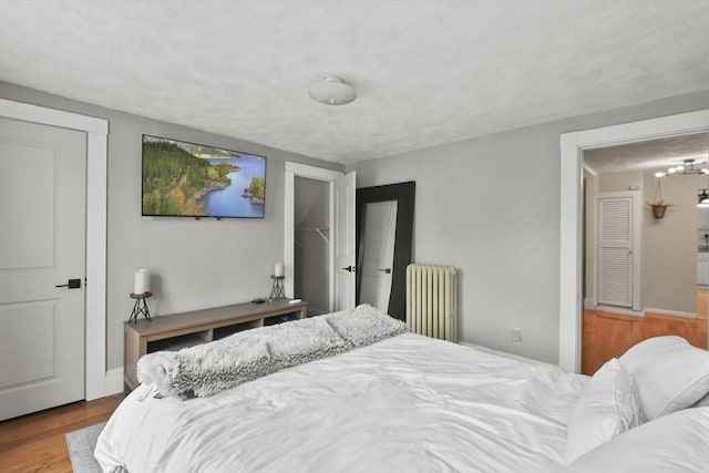 bedroom featuring radiator and light hardwood / wood-style floors