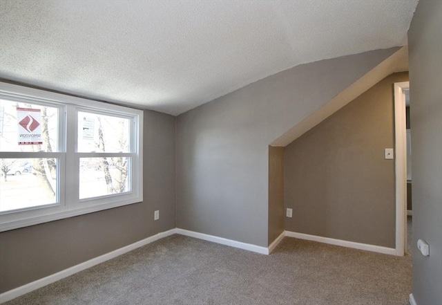 additional living space with light carpet, vaulted ceiling, and a textured ceiling