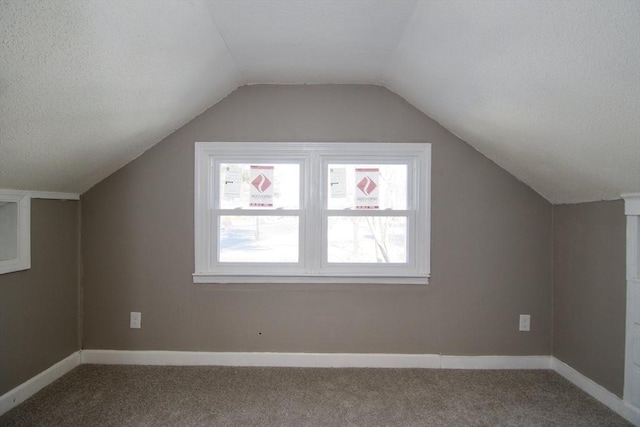 additional living space with carpet, lofted ceiling, and a textured ceiling