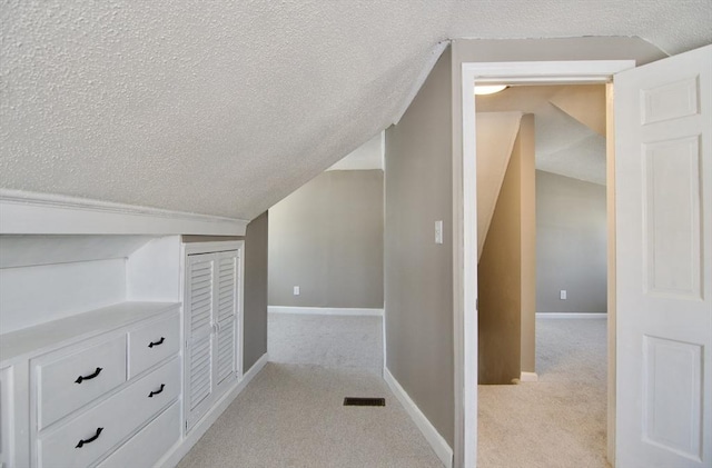 additional living space with lofted ceiling, light carpet, and a textured ceiling