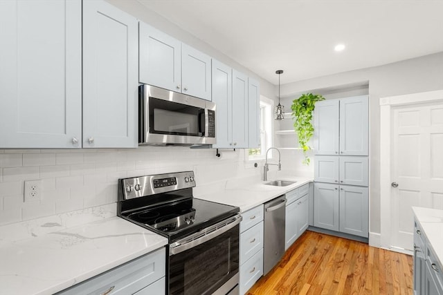 23 Schoolhouse Rd, Templeton, MA 01468 - kitchen with stainless steel appliances, a sink, decorative backsplash, light stone countertops, and recessed lighting