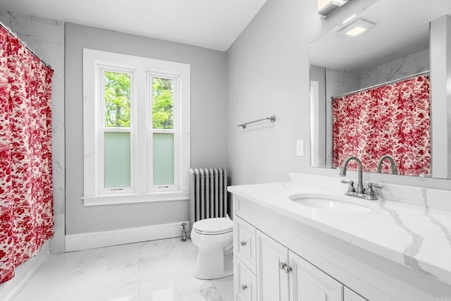 23 Schoolhouse Rd, Templeton, MA 01468 - full bathroom featuring radiator, marble look tiles, toilet, vanity, and curtained shower