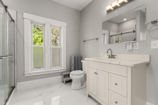 23 Schoolhouse Rd, Templeton, MA 01468 - bathroom with radiator, a stall shower, toilet, and baseboards