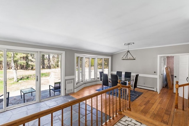 dining room with crown molding, a baseboard radiator, wood-type flooring, and a wealth of natural light