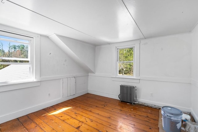additional living space featuring light wood-style floors, radiator heating unit, and a healthy amount of sunlight