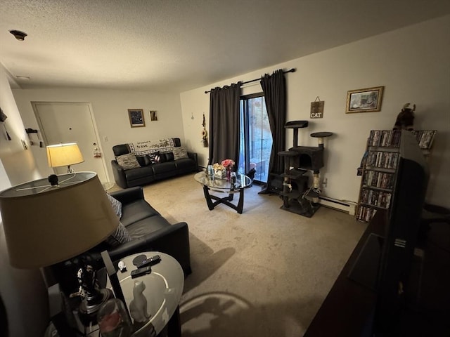 living room with light colored carpet, a textured ceiling, and a baseboard radiator